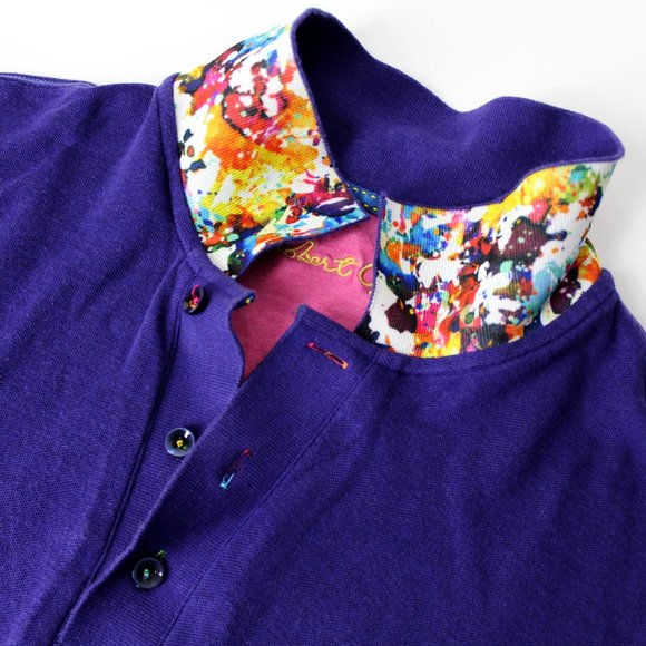Robert Graham Polo Golf Shirt Mens M Purple Solid abstract flip collar placket - Picture 3 of 10